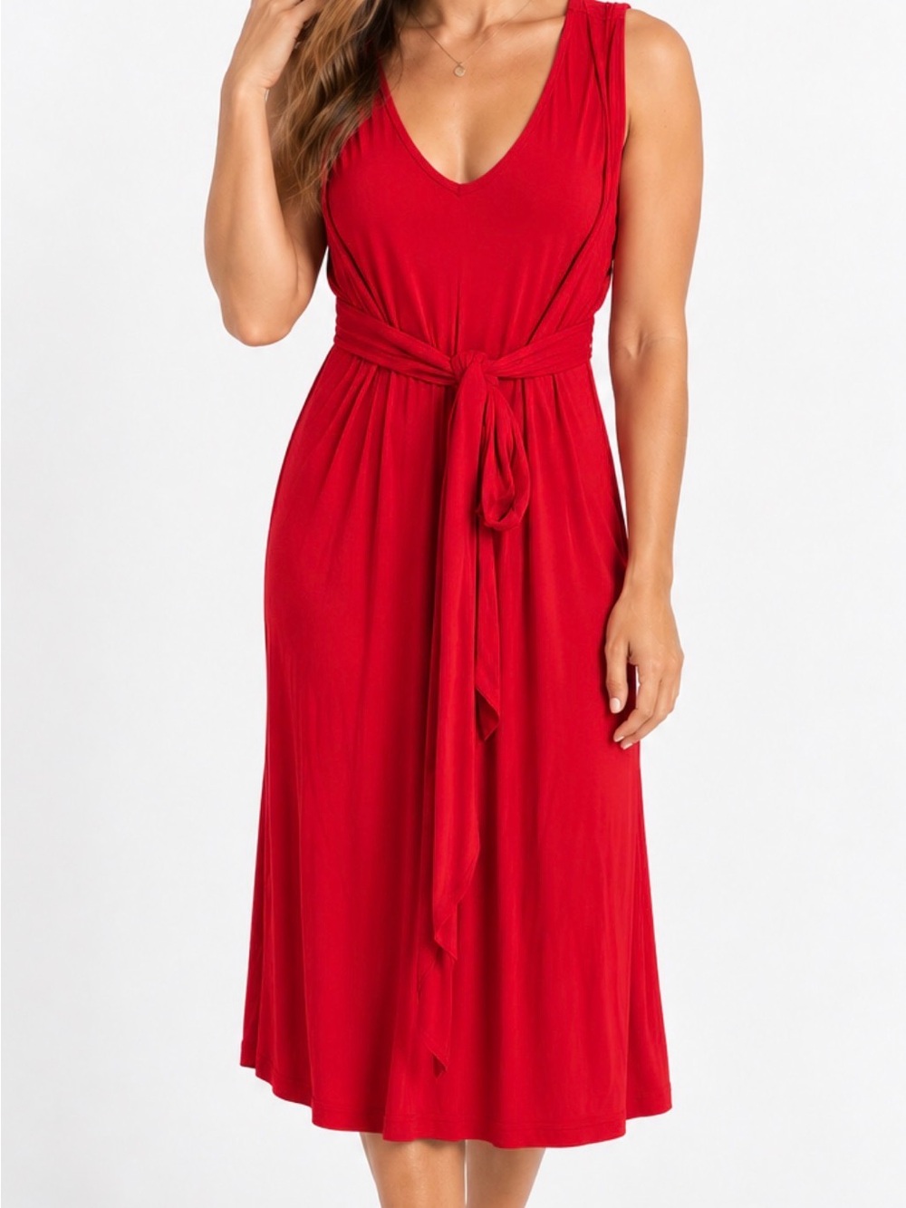 St John’s Bay Sleeveless Red V-Neck Tie-Waist Midi Dress